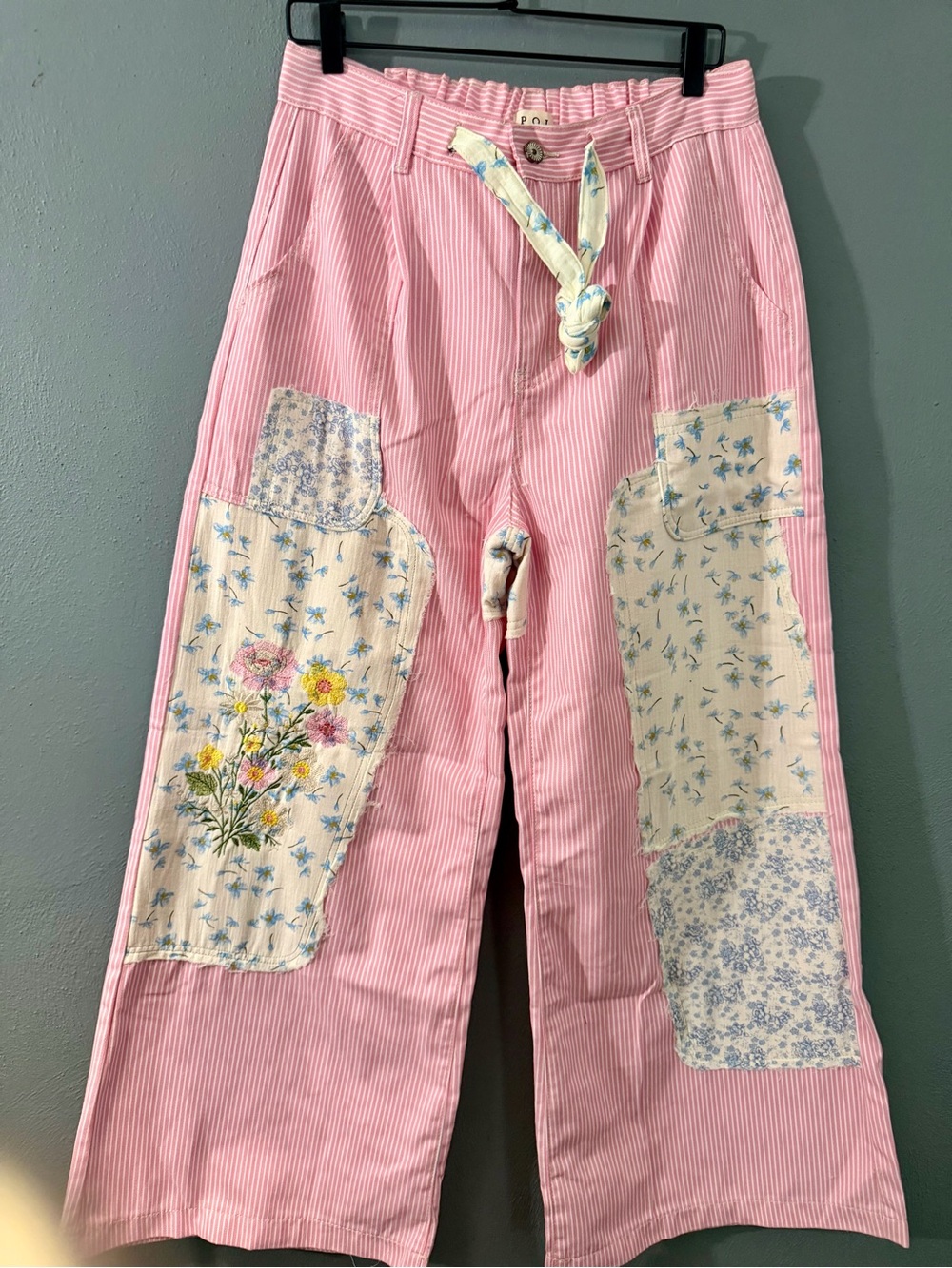POL Pink Striped Wide-Leg Jeans with Floral Patch Pockets